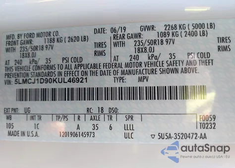 2019 Lincoln Mkc Standard z USA, uszkodzony, nr VIN 5LMCJ1D90KUL46921